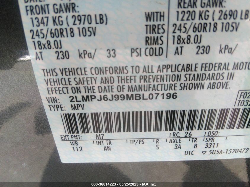 2021 LINCOLN NAUTILUS STANDARD - 2LMPJ6J99MBL07196