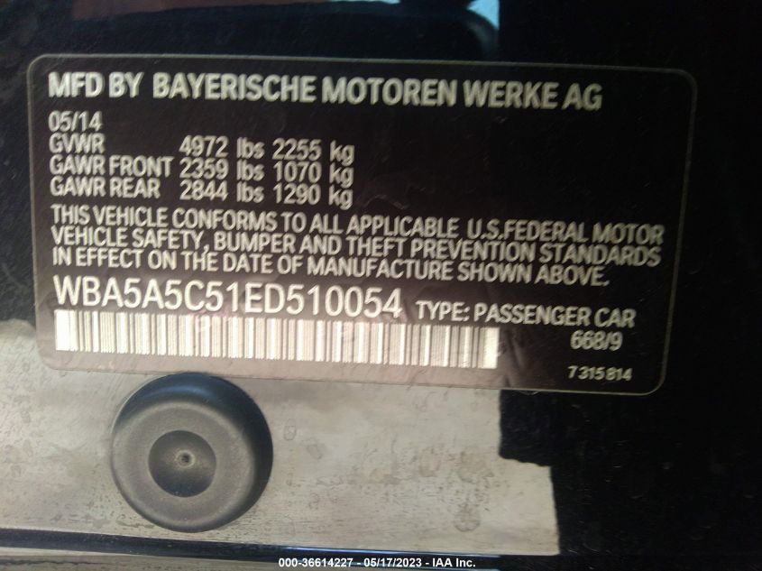 2014 BMW 5 SERIES 528I - WBA5A5C51ED510054