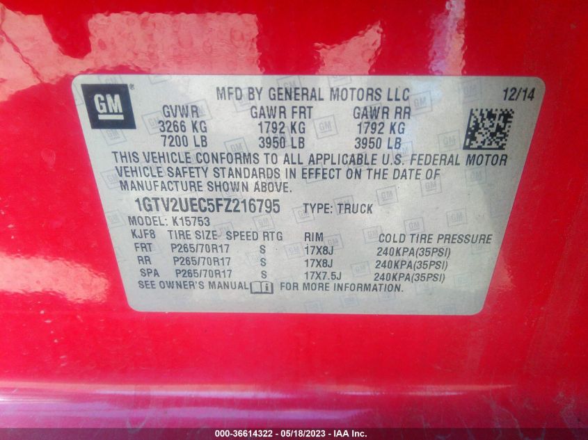 2015 GMC SIERRA 1500 SLE - 1GTV2UEC5FZ216795