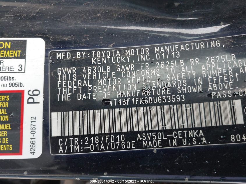 2013 TOYOTA CAMRY L/LE/SE/XLE - 4T1BF1FK6DU653593