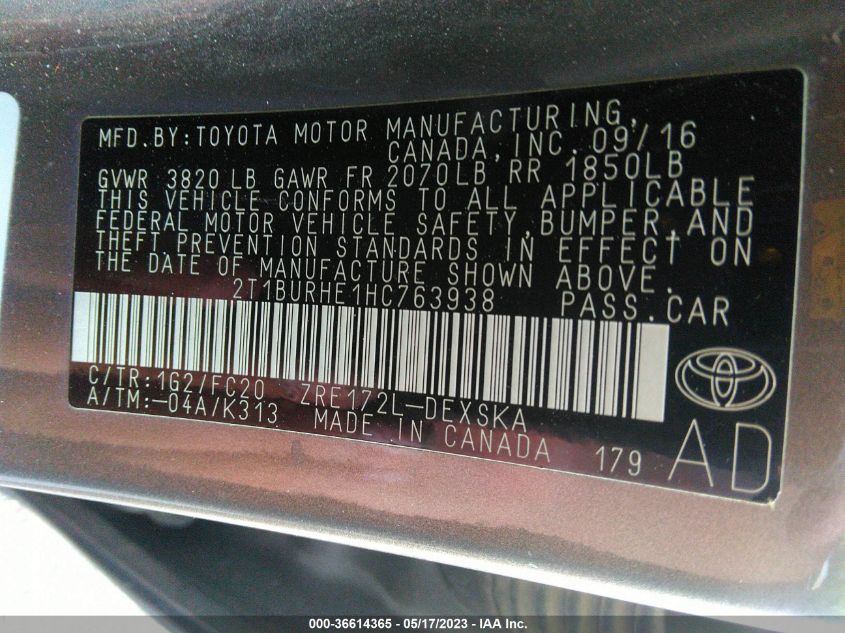 2017 TOYOTA COROLLA SE - 2T1BURHE1HC763938