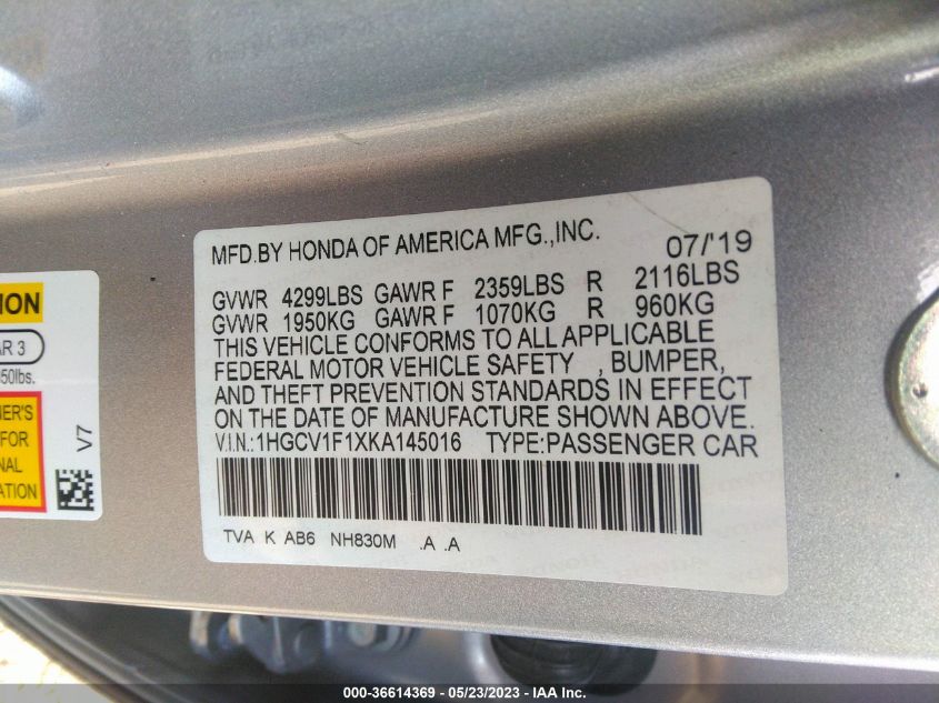 2019 HONDA ACCORD SEDAN LX 1.5T - 1HGCV1F1XKA145016