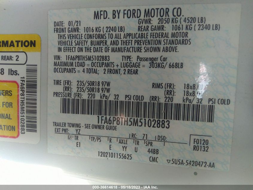 2021 FORD MUSTANG ECOBOOST - 1FA6P8TH5M5102883