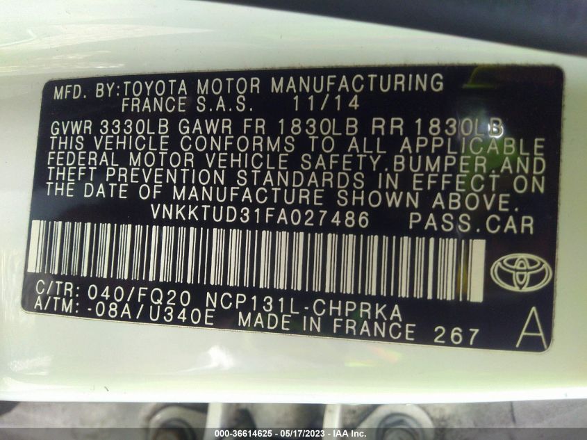 2015 TOYOTA YARIS L/SE/LE - VNKKTUD31FA027486