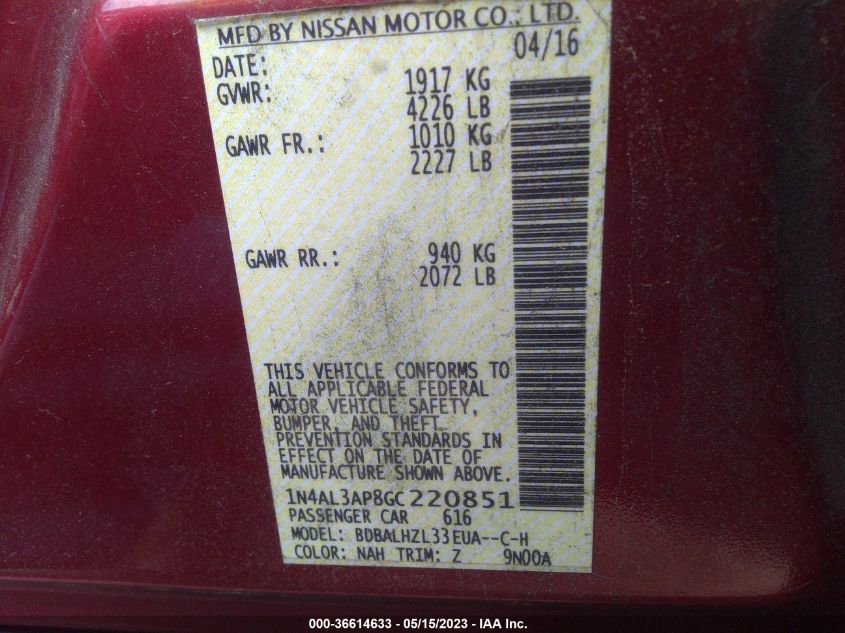 2016 NISSAN ALTIMA 2.5 SR - 1N4AL3AP8GC220851