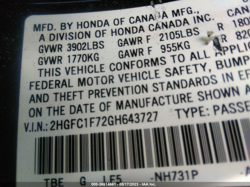 2016 HONDA CIVIC SEDAN EX-L - 2HGFC1F72GH643727