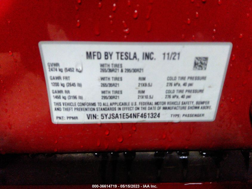 2022 TESLA MODEL S - 5YJSA1E54NF461324