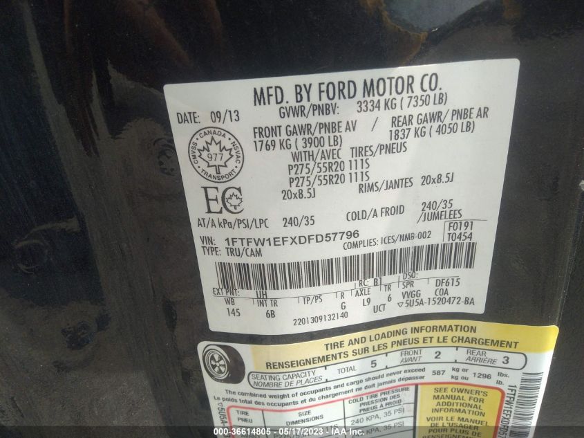2013 FORD F-150 XL/XLT/FX4/LARIAT - 1FTFW1EFXDFD57796