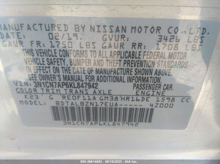 2019 NISSAN VERSA SEDAN SV - 3N1CN7AP6KL847942