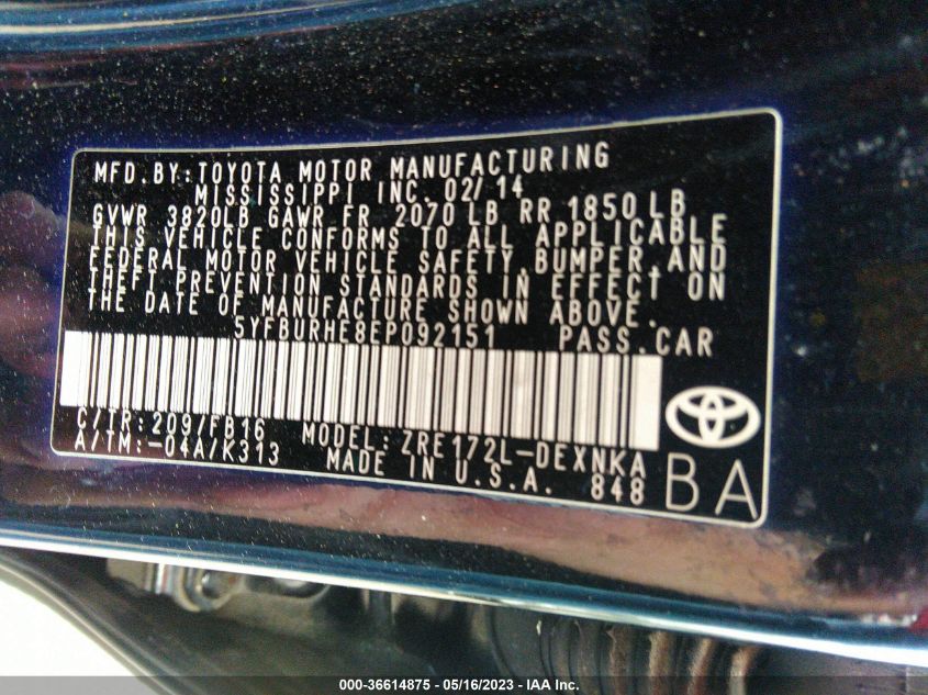 2014 TOYOTA COROLLA L/LE/S/S PLUS/LE PLUS - 5YFBURHE8EP092151