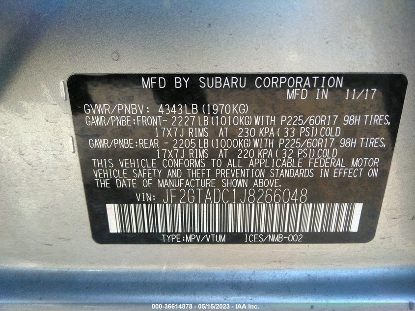 VIN JF2GTADC1J8266048 2018 SUBARU CROSSTREK PREMIUM