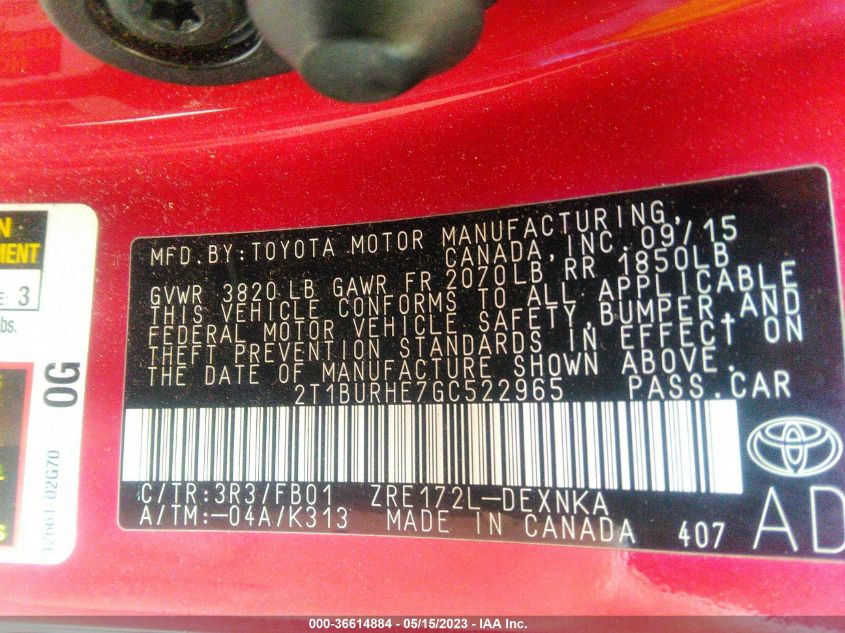 2016 TOYOTA COROLLA L/LE/S/S PLUS/LE PLUS - 2T1BURHE7GC522965