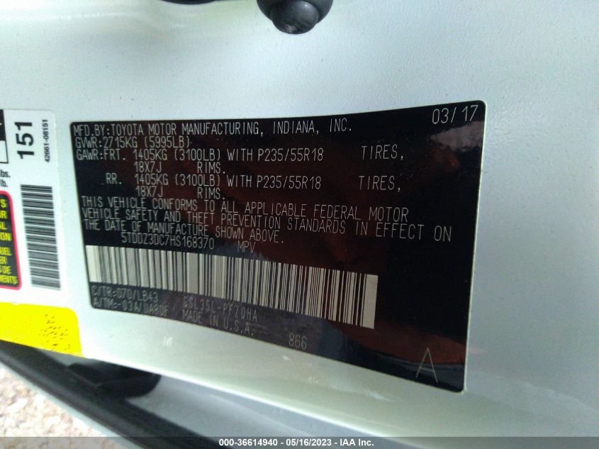 2017 TOYOTA SIENNA XLE - 5TDDZ3DC7HS168370