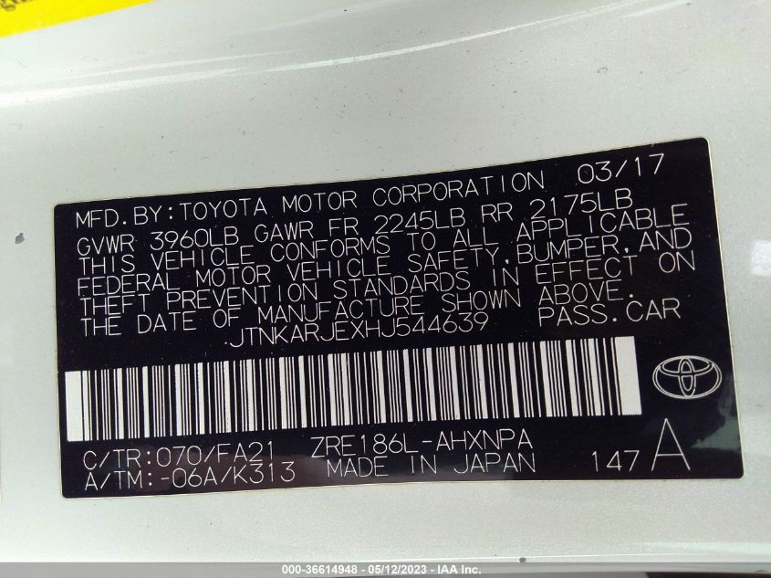 2017 TOYOTA COROLLA IM - JTNKARJEXHJ544639