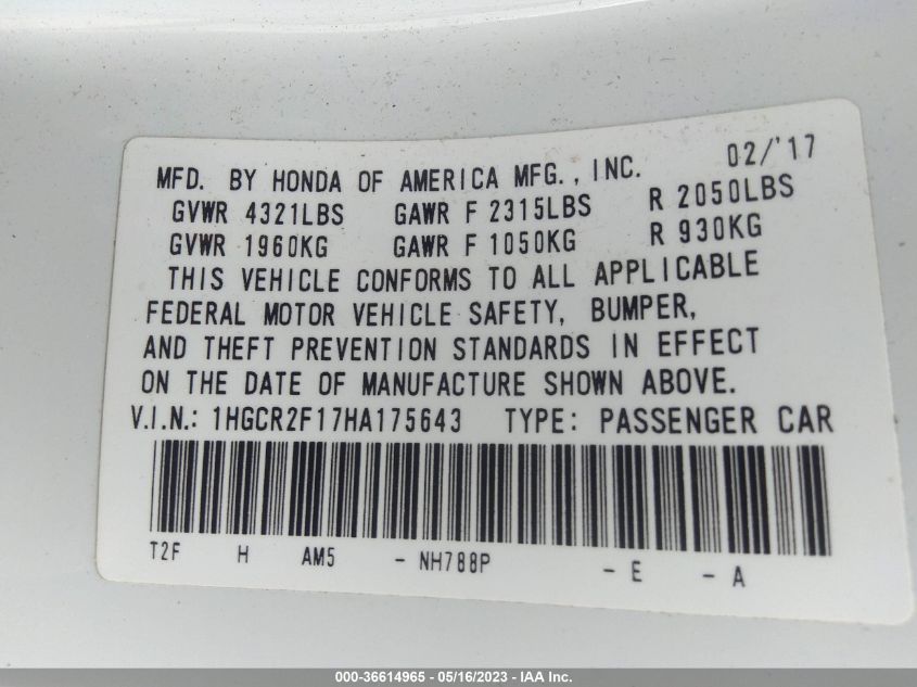 2017 HONDA ACCORD SEDAN SPORT SE - 1HGCR2F17HA175643