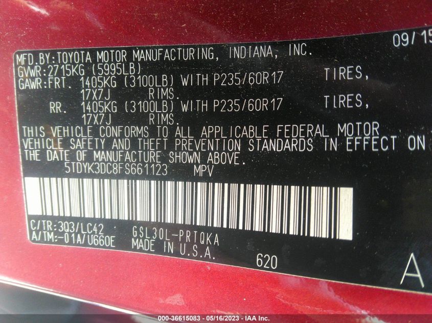 2015 TOYOTA SIENNA XLE/XLE AAS/LTD - 5TDYK3DC8FS661123
