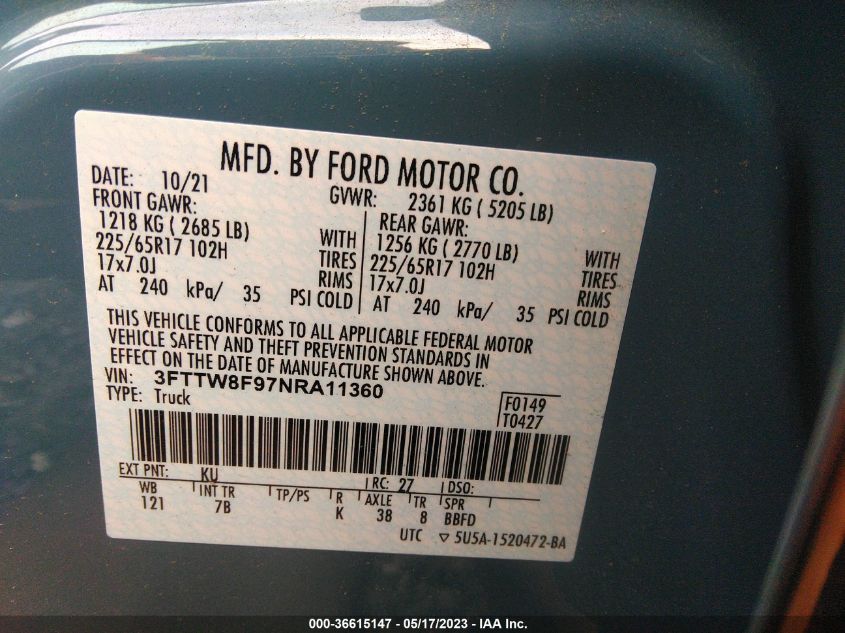 2022 FORD MAVERICK XLT - 3FTTW8F97NRA11360