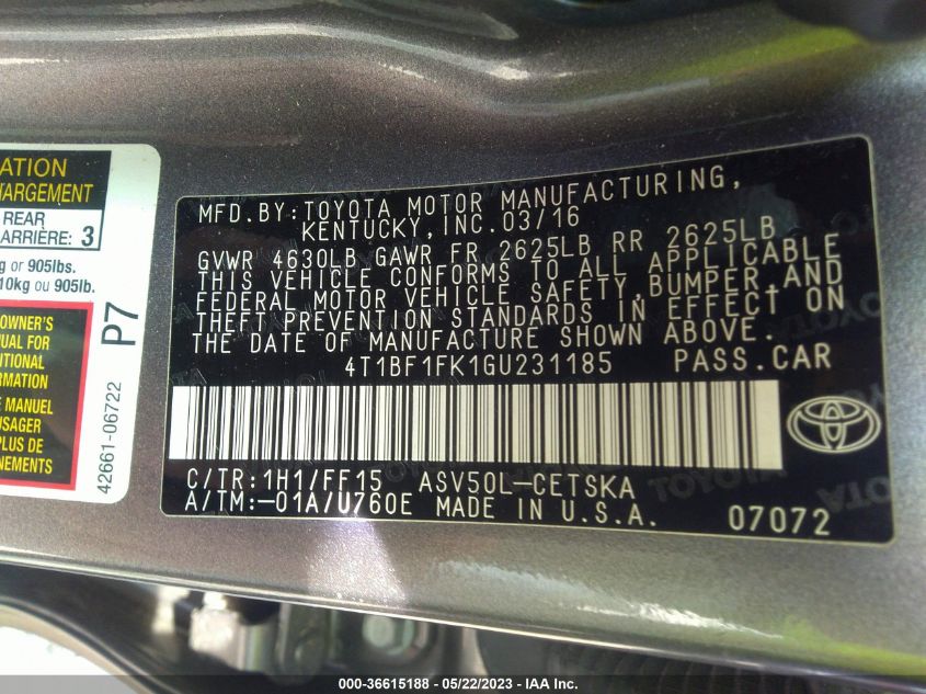 2016 TOYOTA CAMRY XLE/SE/LE/XSE - 4T1BF1FK1GU231185
