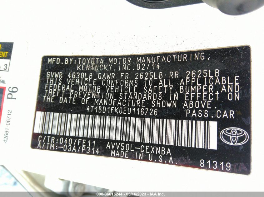 2014 TOYOTA CAMRY HYBRID LE/XLE/SE LIMITED EDITION - 4T1BD1FK0EU116726