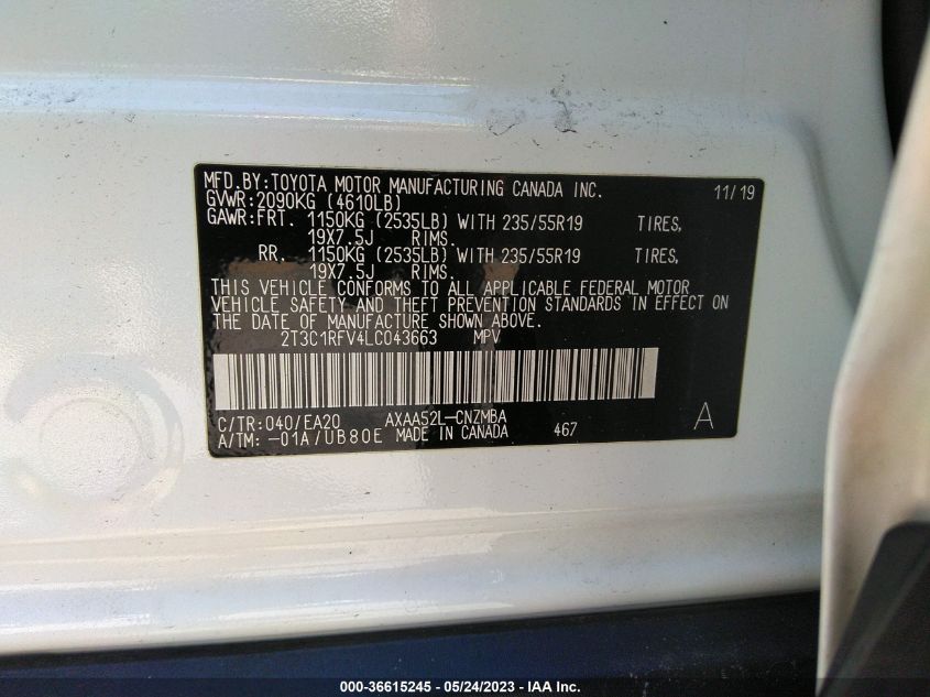 2020 TOYOTA RAV4 XLE PREMIUM - 2T3C1RFV4LC043663