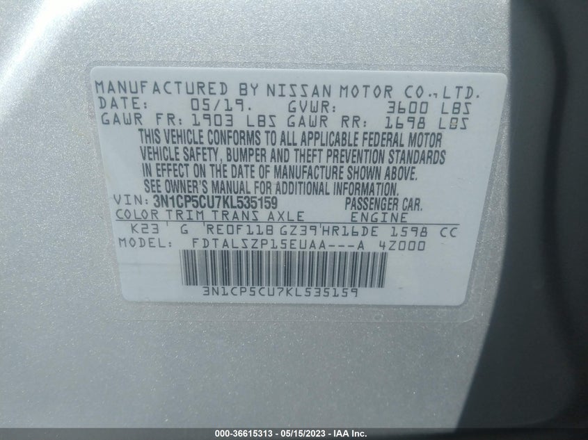 VIN 3N1CP5CU7KL535159 2019 NISSAN KICKS SV