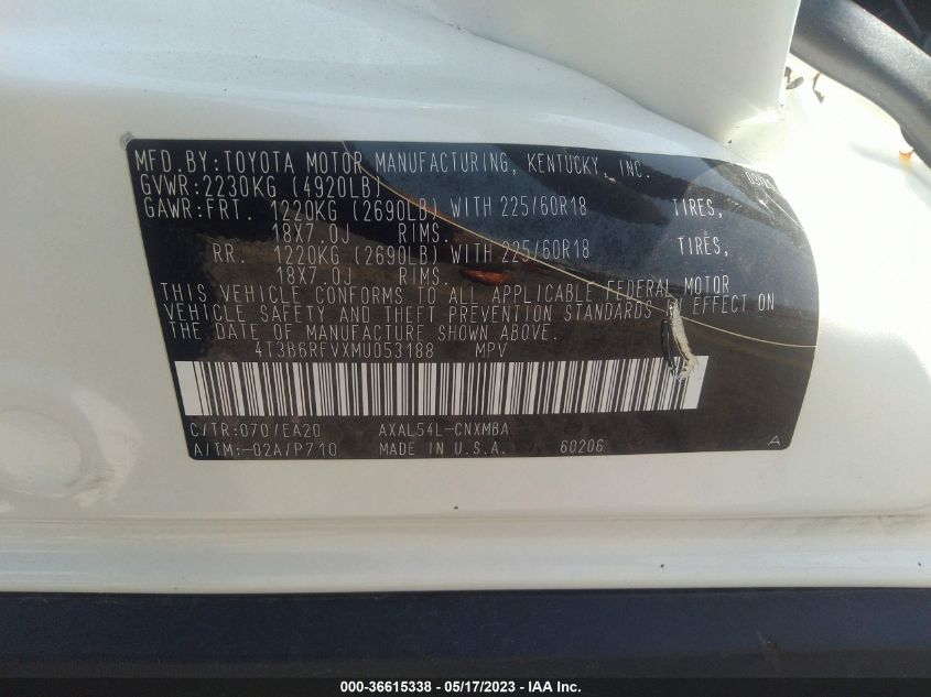 2021 TOYOTA RAV4 HYBRID - 4T3B6RFVXMU053188