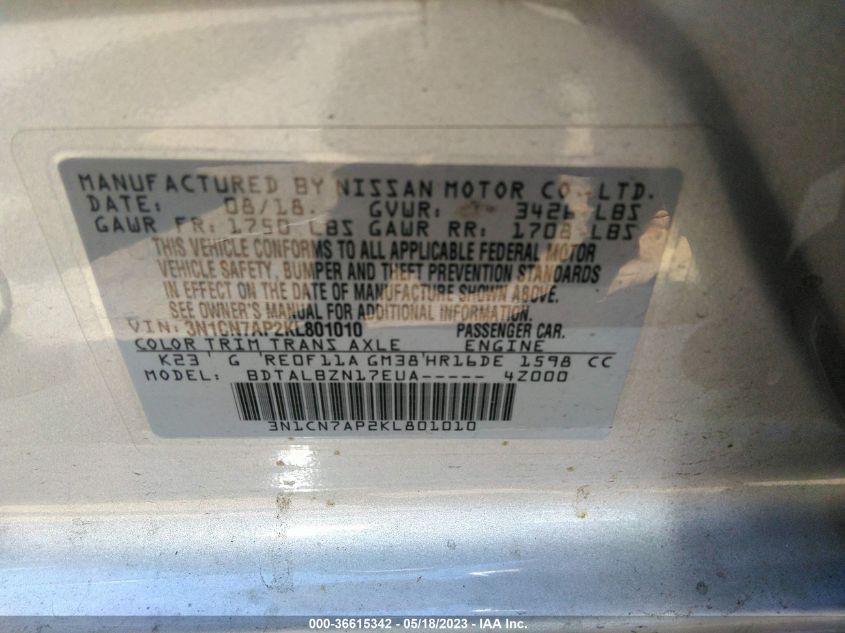 2019 NISSAN VERSA SEDAN SV - 3N1CN7AP2KL801010