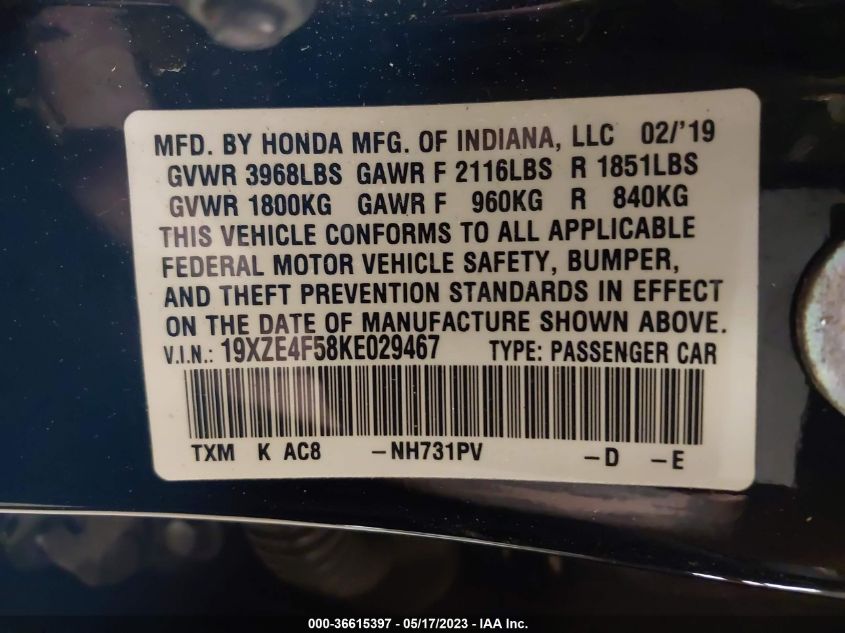 2019 HONDA INSIGHT EX - 19XZE4F58KE029467