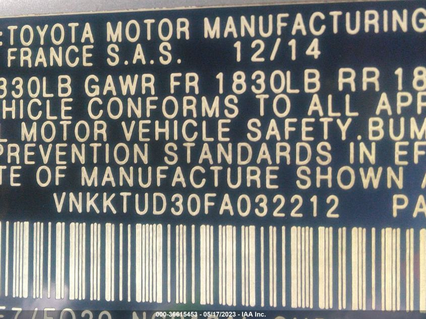 2015 TOYOTA YARIS L/SE/LE - VNKKTUD30FA032212