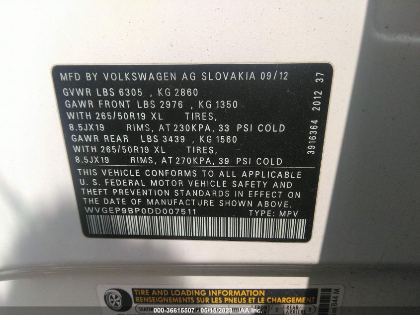 2013 VOLKSWAGEN TOUAREG LUX WVGEP9BP0DD007511