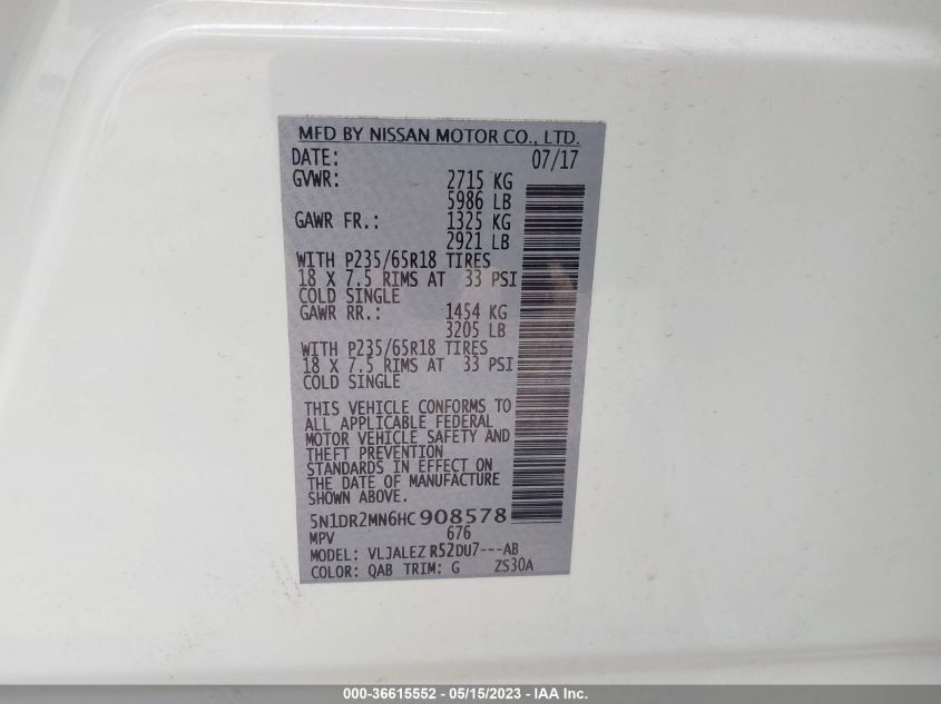 2017 NISSAN PATHFINDER SV - 5N1DR2MN6HC908578