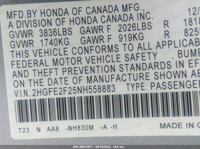 2022 HONDA CIVIC SEDAN LX - 2HGFE2F25NH558883