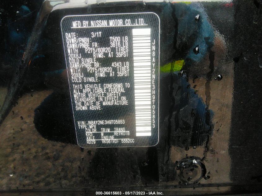 2017 NISSAN ARMADA PLATINUM - JN8AY2NE3H9705853