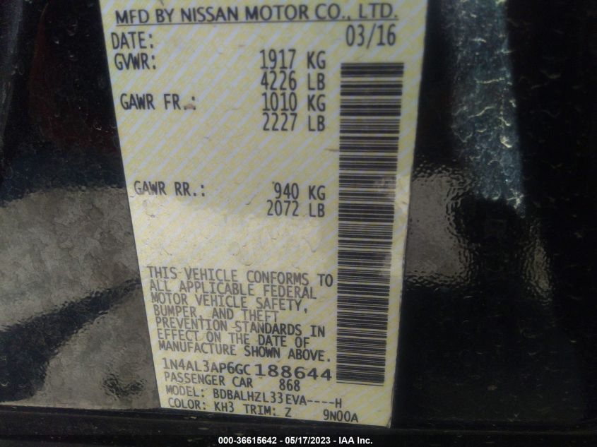 2016 NISSAN ALTIMA 2.5 SR - 1N4AL3AP6GC188644