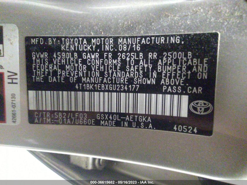 2016 TOYOTA AVALON LIMITED/TOURING/XLE - 4T1BK1EBXGU234177
