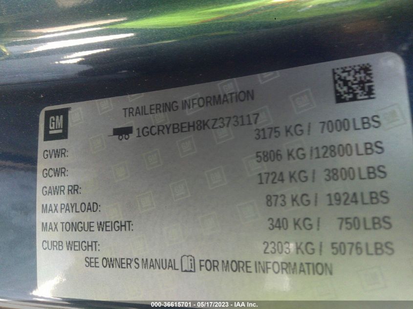 2019 CHEVROLET SILVERADO 1500 CUSTOM - 1GCRYBEH8KZ373117