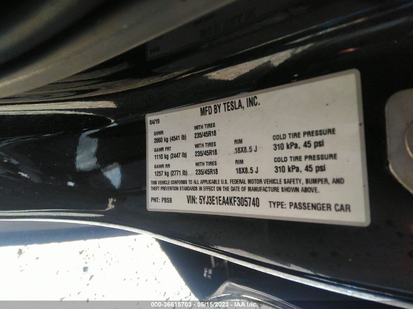 2019 TESLA MODEL 3 RANGE - 5YJ3E1EA4KF305740