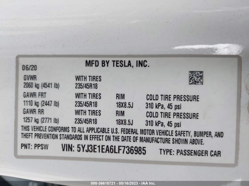 2020 TESLA MODEL 3 STANDARD RANGE - 5YJ3E1EA6LF736985