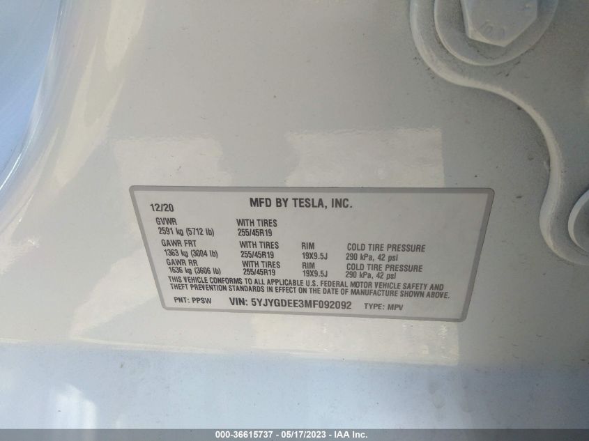2021 TESLA MODEL Y LONG RANGE - 5YJYGDEE3MF092092