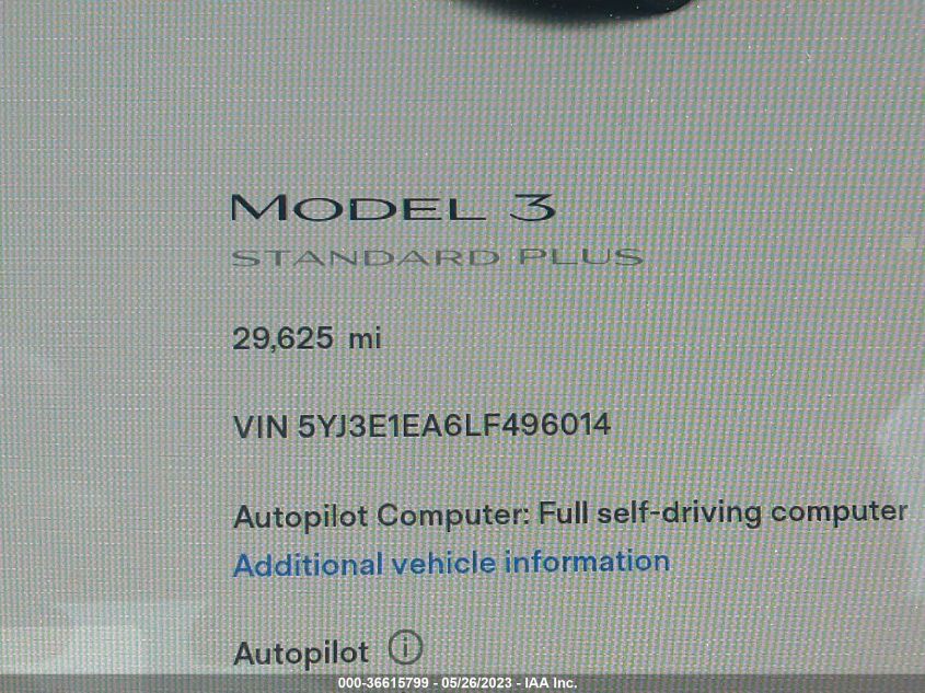 2020 TESLA MODEL 3 STANDARD RANGE - 5YJ3E1EA6LF496014