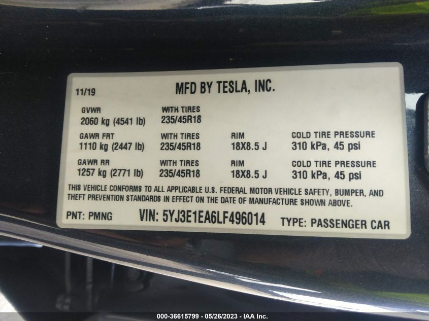 2020 TESLA MODEL 3 STANDARD RANGE - 5YJ3E1EA6LF496014