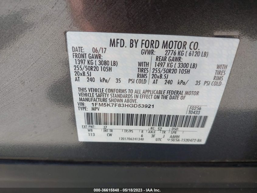 2017 FORD EXPLORER LIMITED - 1FM5K7F83HGD53921