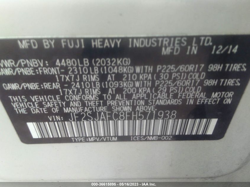 2015 SUBARU FORESTER 2.5I PREMIUM - JF2SJAFC8FH571938