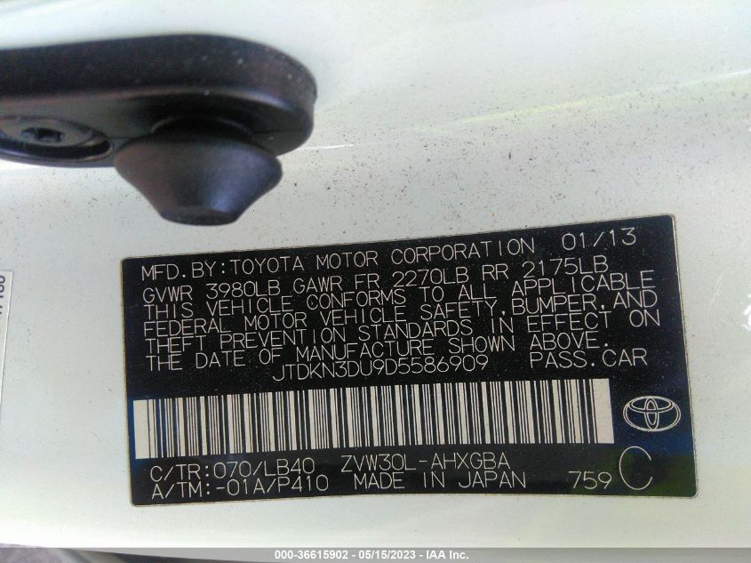 2013 TOYOTA PRIUS ONE/TWO/THREE/FOUR/FIVE - JTDKN3DU9D5586909