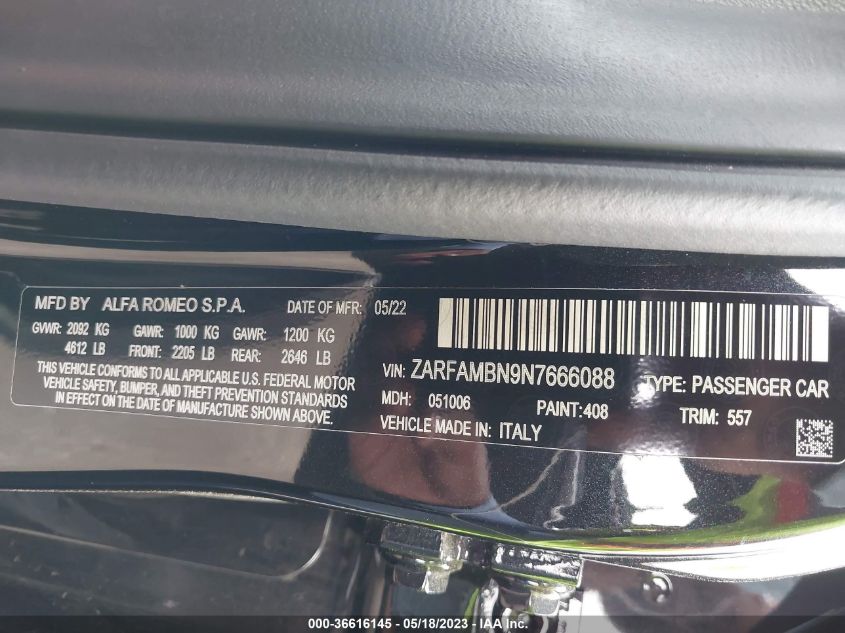2022 ALFA ROMEO GIULIA VELOCE - ZARFAMBN9N7666088