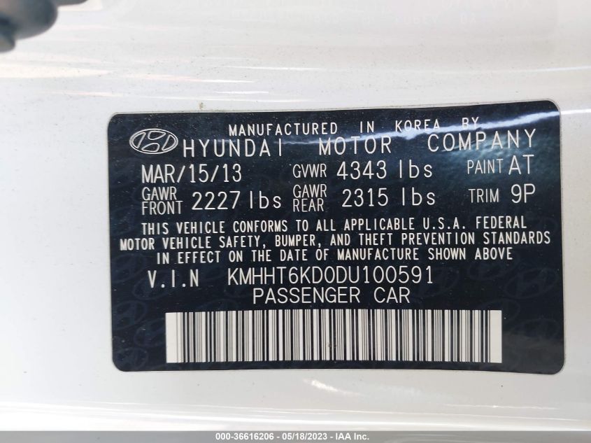 2013 HYUNDAI GENESIS COUPE 2.0T PREMIUM KMHHT6KD0DU100591