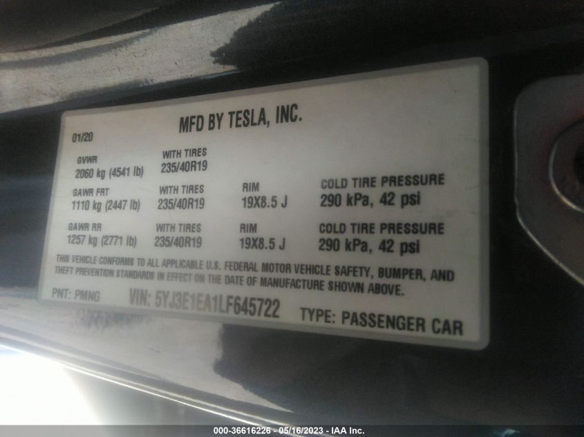 2020 TESLA MODEL 3 STANDARD RANGE - 5YJ3E1EA1LF645722