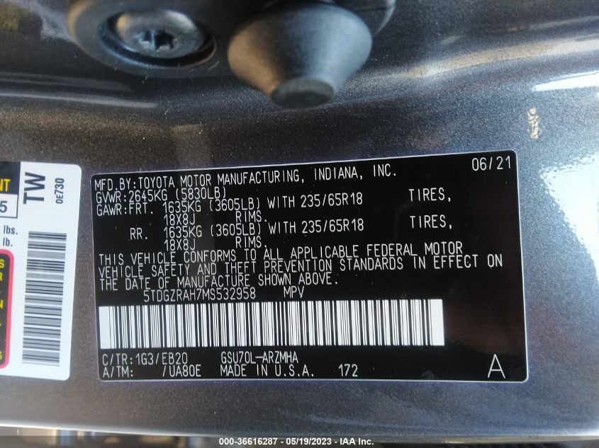 2021 TOYOTA HIGHLANDER XLE - 5TDGZRAH7MS532958