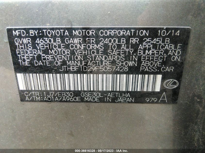 2015 LEXUS IS 250 - JTHBF1D29F5057428