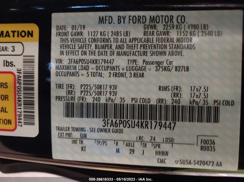 2019 FORD FUSION ENERGI TITANIUM - 3FA6P0SU4KR179447